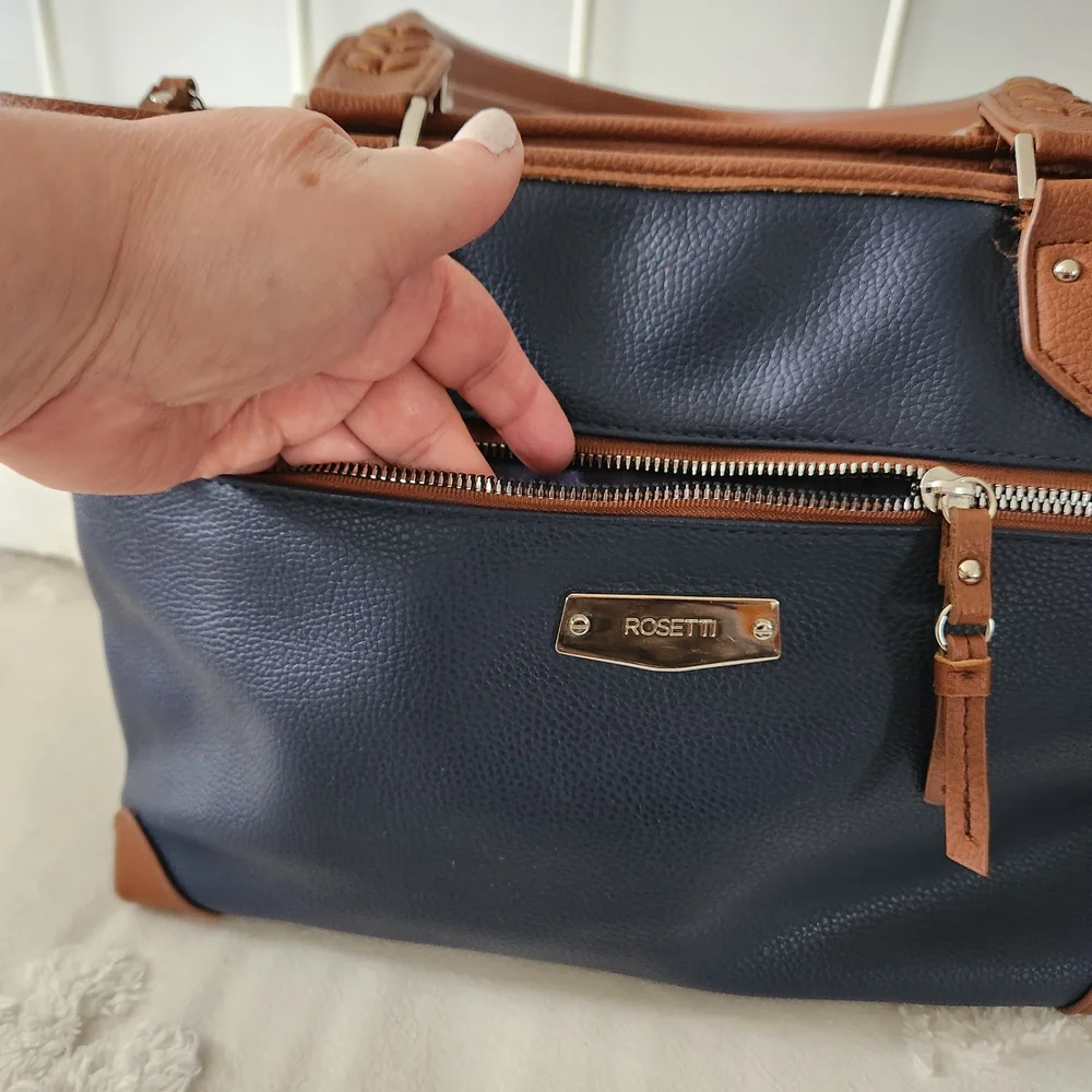 Rosetti Navy and Brown Two-Tone Messenger Tote Lots Of Pockets